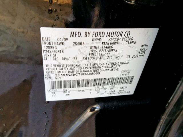 2FMDK38C79BA95966 - 2009 FORD EDGE SEL BLACK photo 10