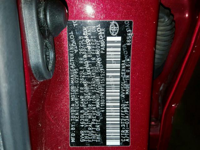 4T1BD1FKXFU157527 - 2015 TOYOTA CAMRY HYBR RED photo 10