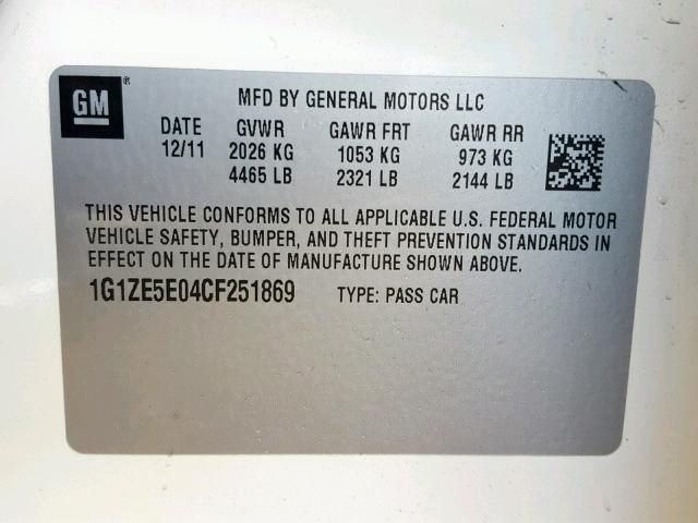 1G1ZE5E04CF251869 - 2012 CHEVROLET MALIBU LTZ თეთრი ფოტო 10