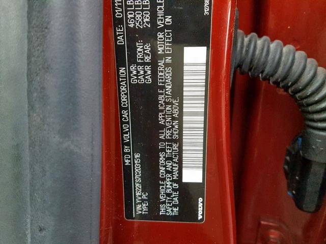 YV1622FS7C2031516 - 2012 VOLVO S60 T5 RED photo 10