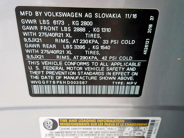 WVGGF7BP5HD003587 - 2017 VOLKSWAGEN TOUAREG EX SILVER photo 10