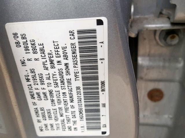 1HGCM56107A012038 - 2007 HONDA ACCORD VAL SILVER photo 10