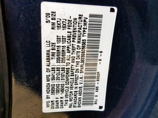 5FNRL38239B058365 - 2009 HONDA ODYSSEY LX BLUE photo 10