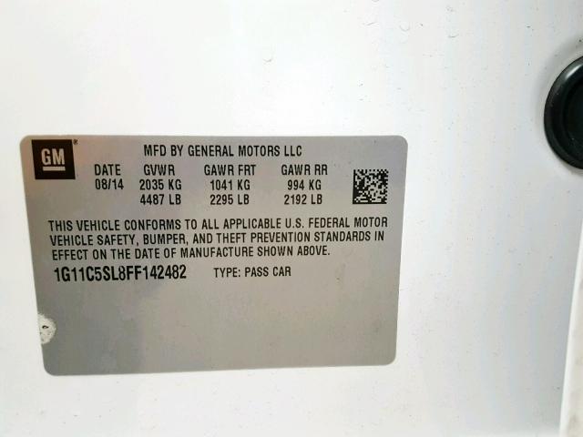 1G11C5SL8FF142482 - 2015 CHEVROLET MALIBU 1LT WHITE photo 10