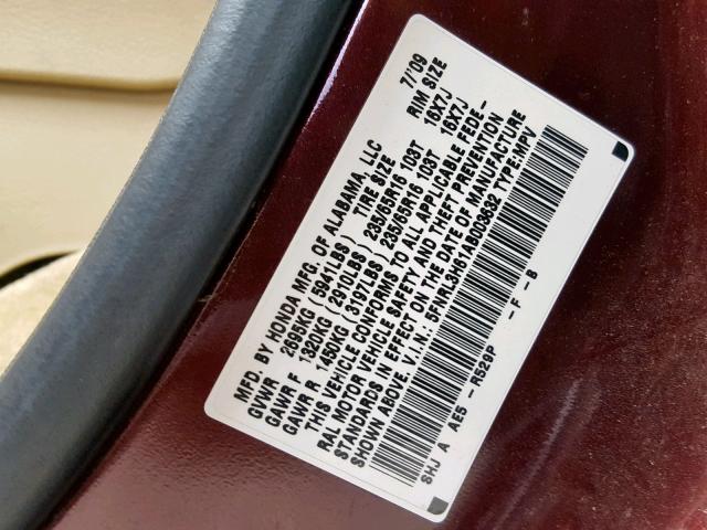 5FNRL3H61AB003632 - 2010 HONDA ODYSSEY EX MAROON photo 10