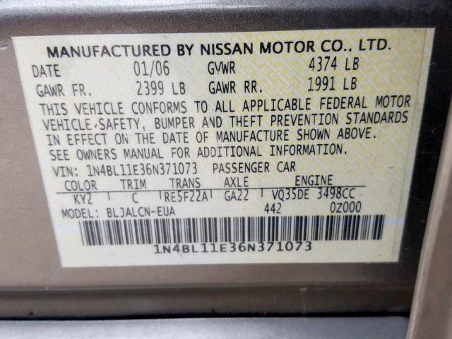 1N4BL11E36N371073 - 2006 NISSAN ALTIMA SE GOLD photo 10