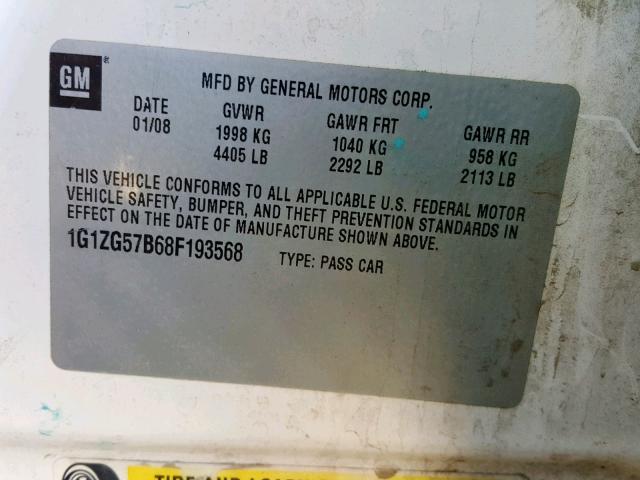 1G1ZG57B68F193568 - 2008 CHEVROLET MALIBU LS 白色 照片 10