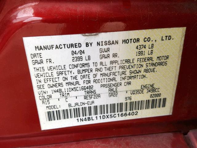 1N4BL11DX5C166402 - 2005 NISSAN ALTIMA SE RED photo 10