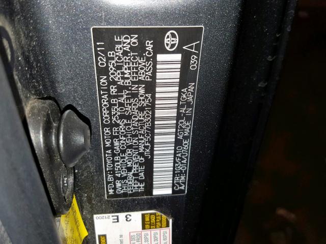 JTKJF5C77B3021754 - 2011 TOYOTA SCION TC 灰色 照片 10