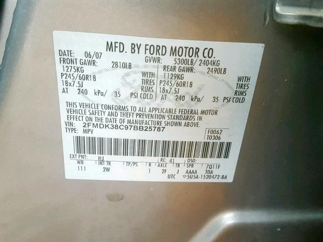 2FMDK38C97BB25787 - 2007 FORD EDGE SEL SILVER photo 10