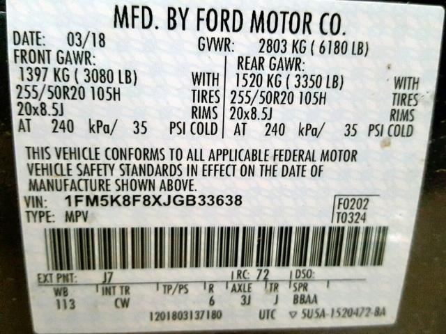 1FM5K8F8XJGB33638 - 2018 FORD EXPLORER L GRAY photo 10