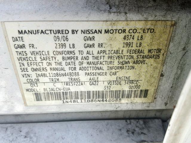 1N4BL11D86N448088 - 2006 NISSAN ALTIMA SE WHITE photo 10