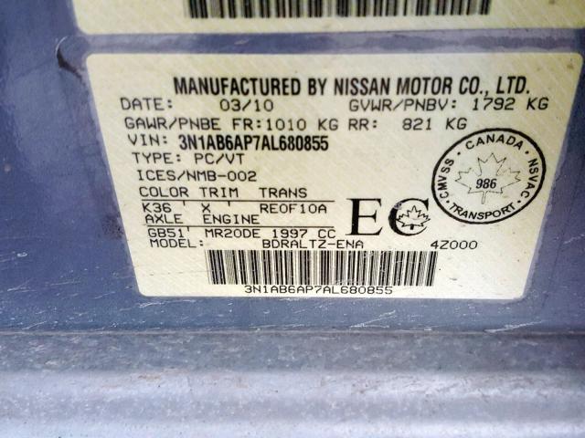 3N1AB6AP7AL680855 - 2010 NISSAN SENTRA 2.0 GRAY photo 10