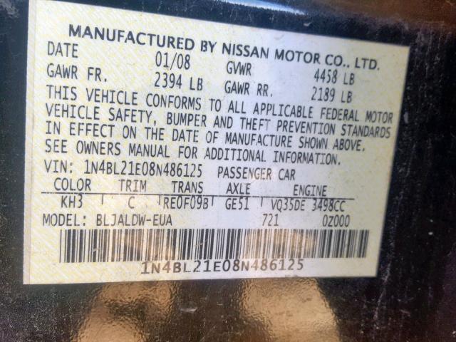 1N4BL21E08N486125 - 2008 NISSAN ALTIMA 3.5 BLACK photo 10