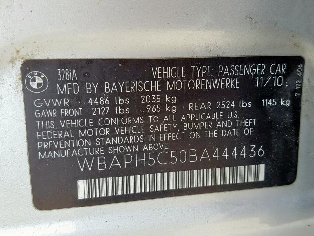 WBAPH5C50BA444436 - 2011 BMW 328 I SULE SILVER photo 10