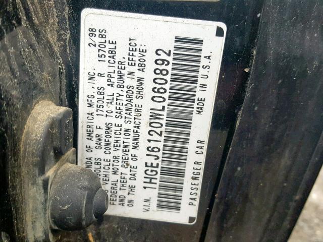 1HGEJ6120WL060892 - 1998 HONDA CIVIC DX BLACK photo 10