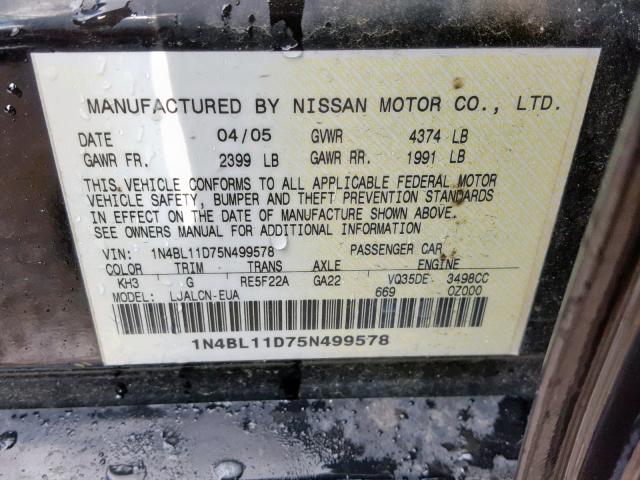 1N4BL11D75N499578 - 2005 NISSAN ALTIMA SE BLACK photo 10