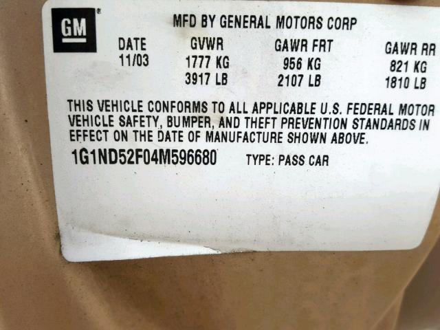 1G1ND52F04M596680 - 2004 CHEVROLET CLASSIC BEIGE photo 10