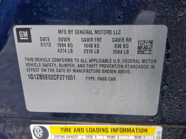 1G1ZB5E02CF271661 - 2012 CHEVROLET MALIBU LS 蓝色 照片 10