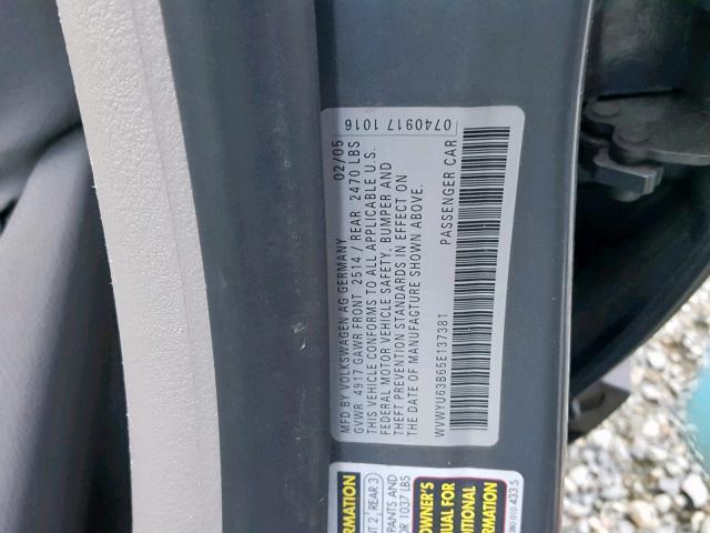 WVWYU63B65E137381 - 2005 VOLKSWAGEN PASSAT GLX 灰色 照片 10