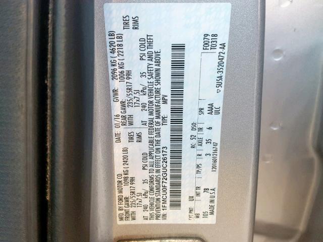 1FMCU0F72GUC26173 - 2016 FORD ESCAPE S SILVER photo 10