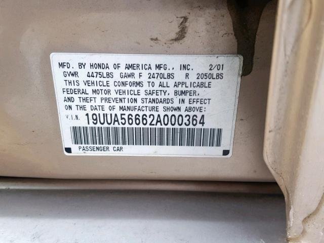 19UUA56662A000364 - 2002 ACURA 3.2TL GOLD photo 10