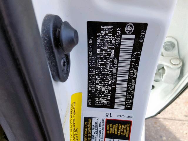 4T1BK1EB4HU245581 - 2017 TOYOTA AVALON XLE WHITE photo 10