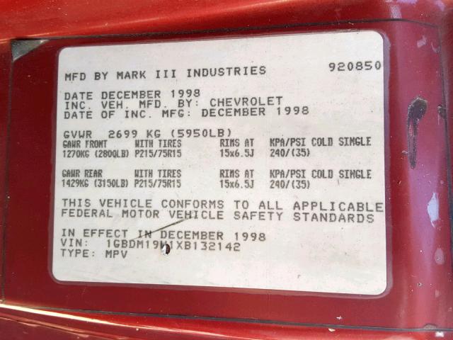 1GBDM19W1XB132142 - 1999 CHEVROLET ASTRO RED photo 10