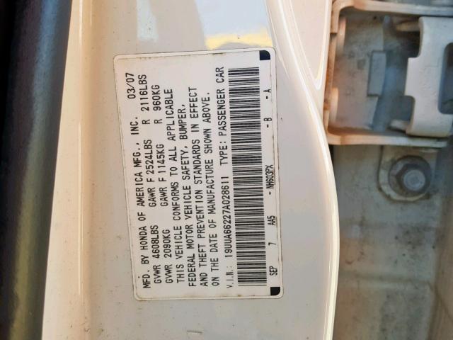 19UUA66227A028611 - 2007 ACURA TL WHITE photo 10