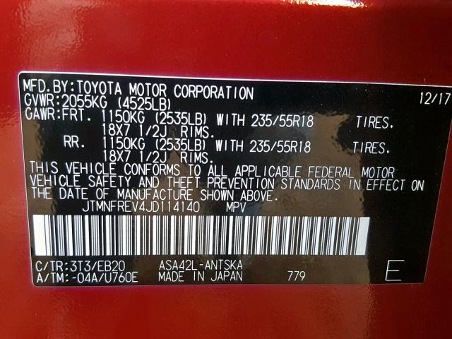 JTMNFREV4JD114140 - 2018 TOYOTA RAV4 SE RED photo 10