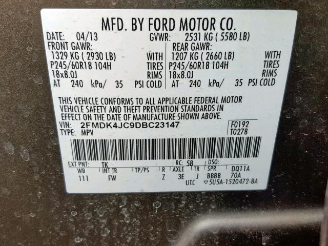 2FMDK4JC9DBC23147 - 2013 FORD EDGE SEL BROWN photo 10