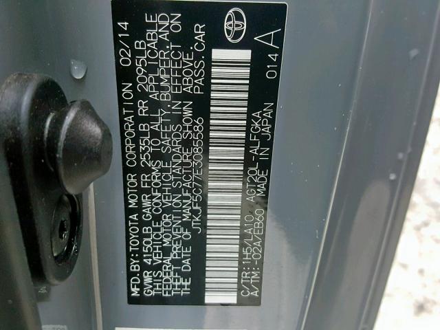 JTKJF5C77E3085586 - 2014 TOYOTA SCION TC ვერცხლისფერი ფოტო 10