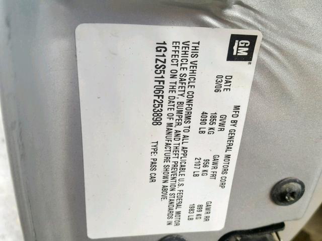 1G1ZS51F06F253898 - 2006 CHEVROLET MALIBU LS ვერცხლისფერი ფოტო 10