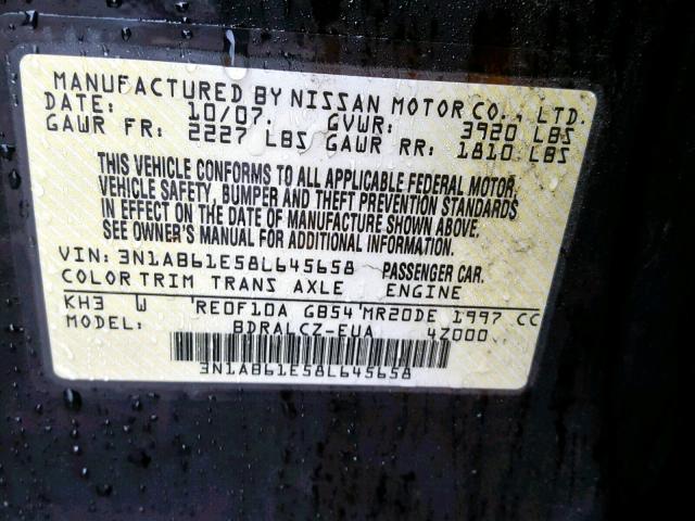 3N1AB61E58L645658 - 2008 NISSAN SENTRA 2.0 BLACK photo 10