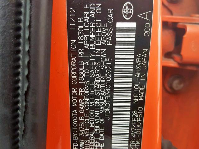 JTDKDTB34C1029215 - 2012 TOYOTA PRIUS C ORANGE photo 10