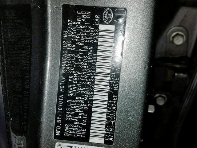 2T1KR32E88C693314 - 2008 TOYOTA COROLLA MA GRAY photo 10