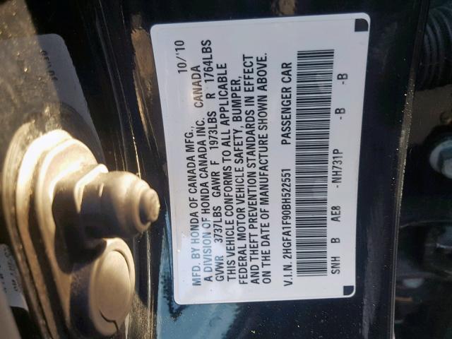 2HGFA1F90BH522551 - 2011 HONDA CIVIC EXL BLACK photo 10