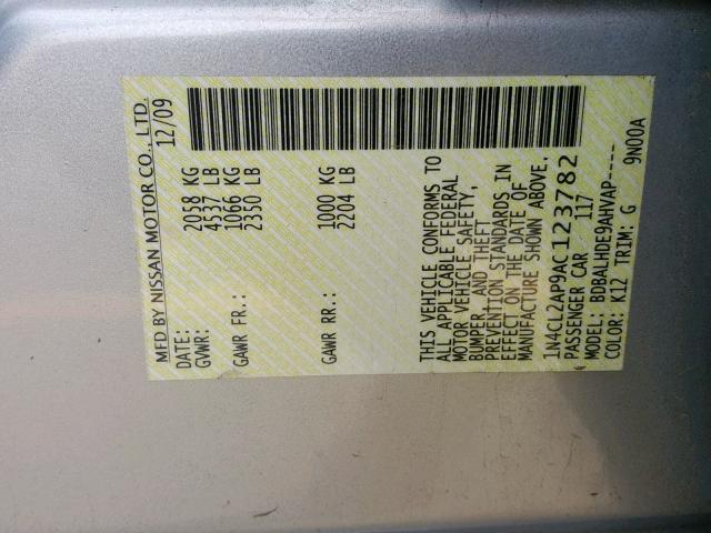 1N4CL2AP9AC123782 - 2010 NISSAN ALTIMA HYB SILVER photo 10