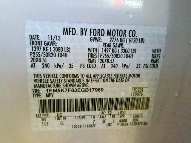 1FM5K7F83EGB17989 - 2014 FORD EXPLORER L WHITE photo 10