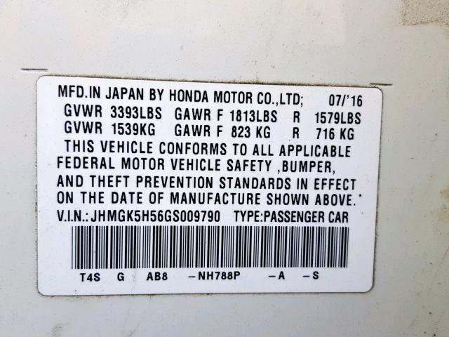 JHMGK5H56GS009790 - 2016 HONDA FIT LX WHITE photo 10