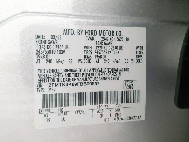 2FMTK4K89FBB09657 - 2015 FORD EDGE TITAN SILVER photo 10