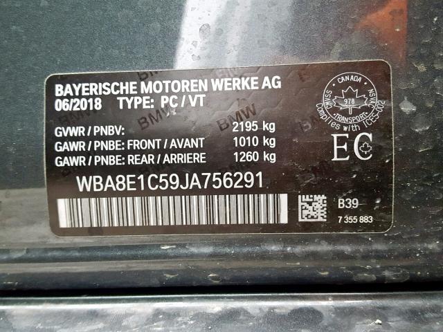 WBA8E1C59JA756291 - 2018 BMW 330E GRAY photo 10