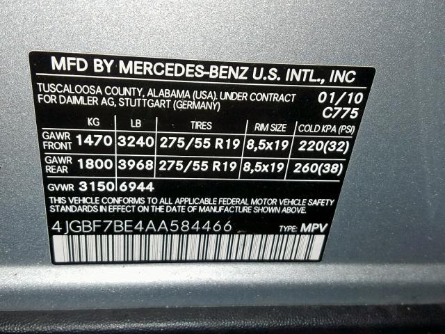 4JGBF7BE4AA584466 - 2010 MERCEDES-BENZ GL 450 4MA SILVER photo 10