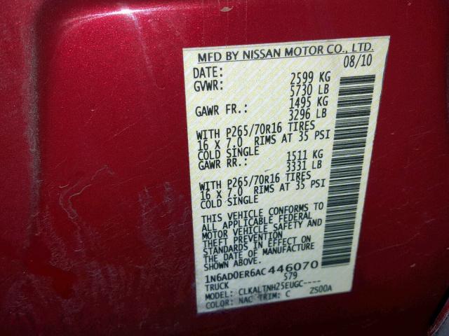 1N6AD0ER6AC446070 - 2010 NISSAN FRONTIER C RED photo 10