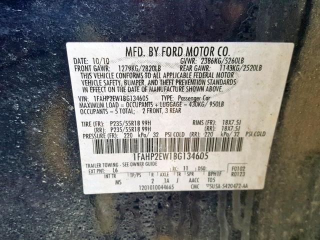 1FAHP2EW1BG134605 - 2011 FORD TAURUS SEL BLUE photo 10