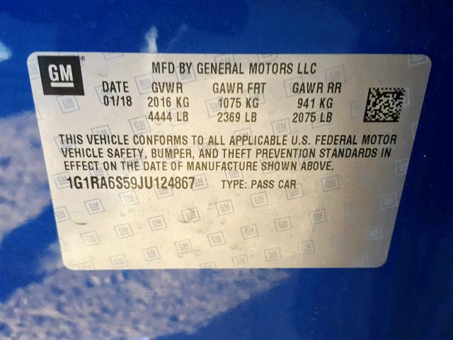 1G1RA6S59JU124867 - 2018 CHEVROLET VOLT LT BLUE photo 10