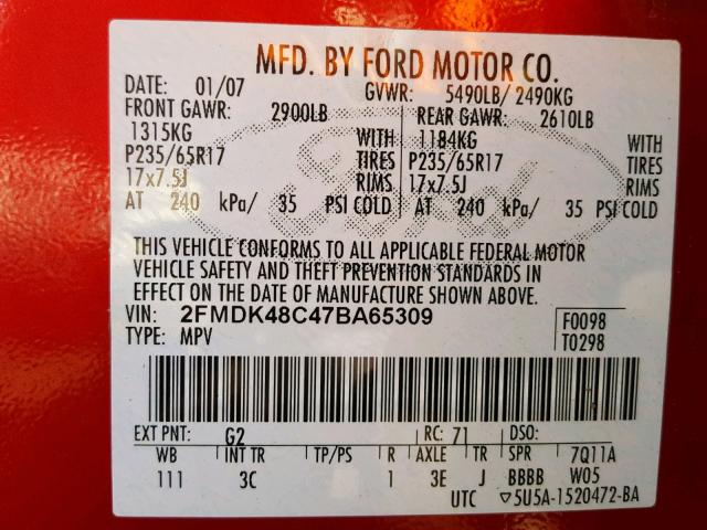 2FMDK48C47BA65309 - 2007 FORD EDGE SEL BURGUNDY photo 10