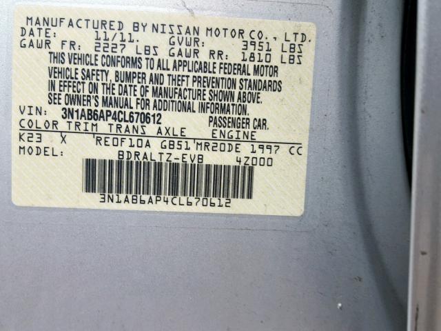 3N1AB6AP4CL670612 - 2012 NISSAN SENTRA 2.0 SILVER photo 10