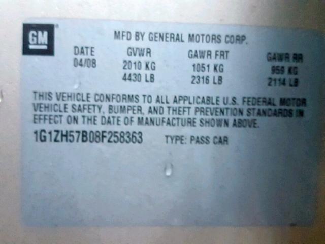 1G1ZH57B08F258363 - 2008 CHEVROLET MALIBU 1LT GOLD photo 10