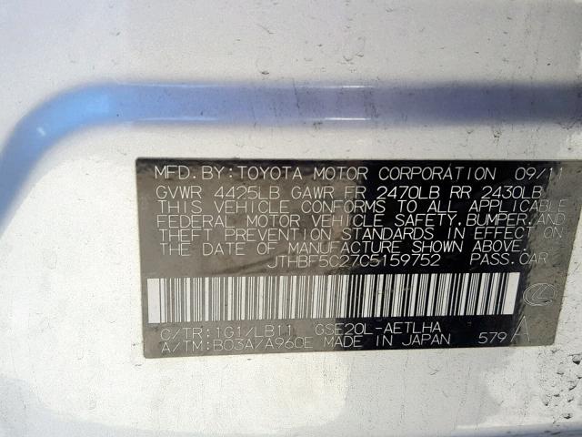 JTHBF5C27C5159752 - 2012 LEXUS IS 250 SILVER photo 10